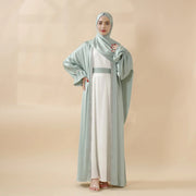 Poet Sleeve Satin Open Abaya With Matching Belt and Hijab (ABA009)